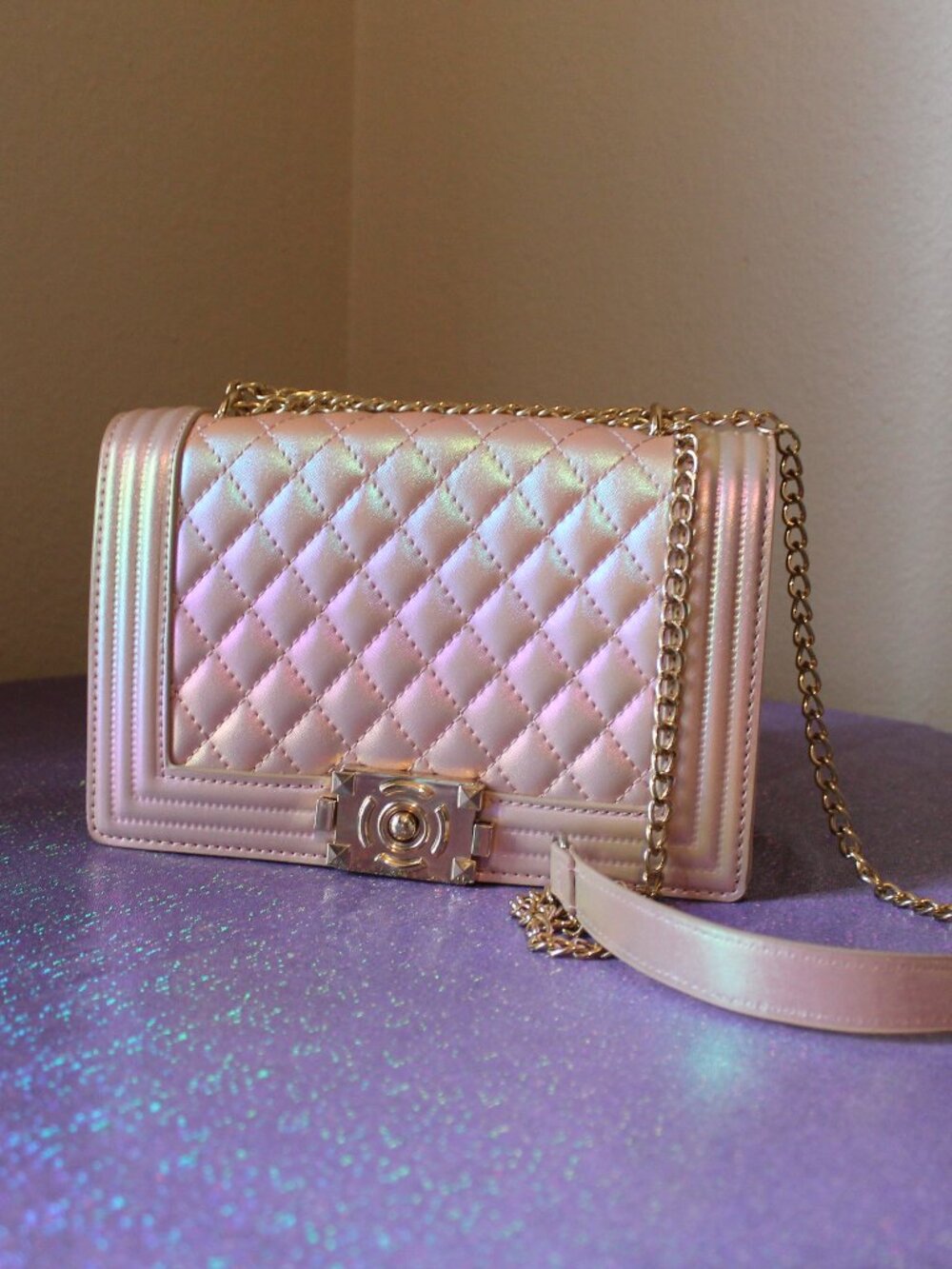 Pink Iridescent Shimmer Gold Chain Purse NEW